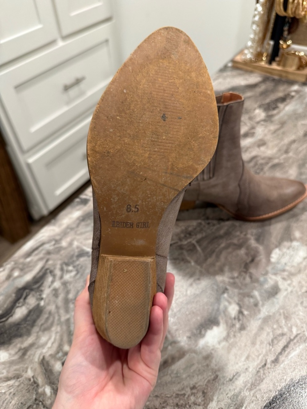 Women's Taupe Western Ankle Booties with Low Stack Heel - Picture 5 of 8